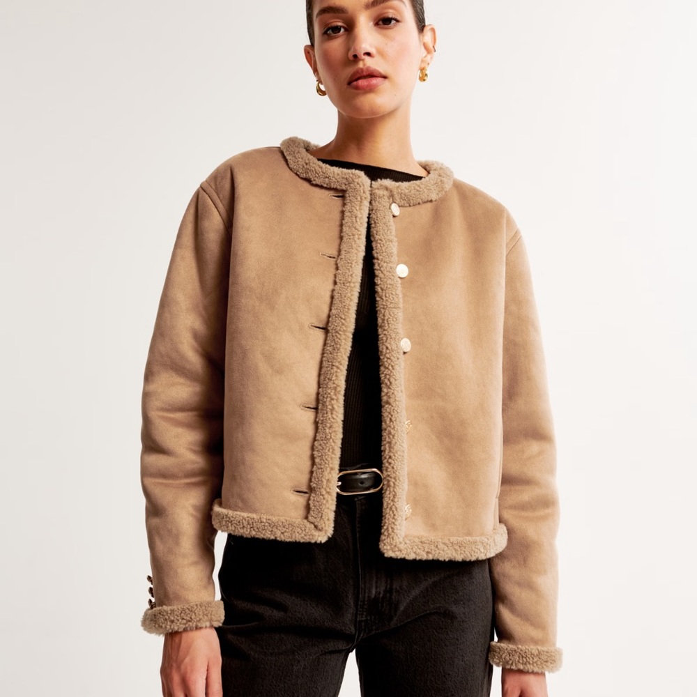 Abercrombie & Fitch Faux Shearling Coat in Taupe Brown